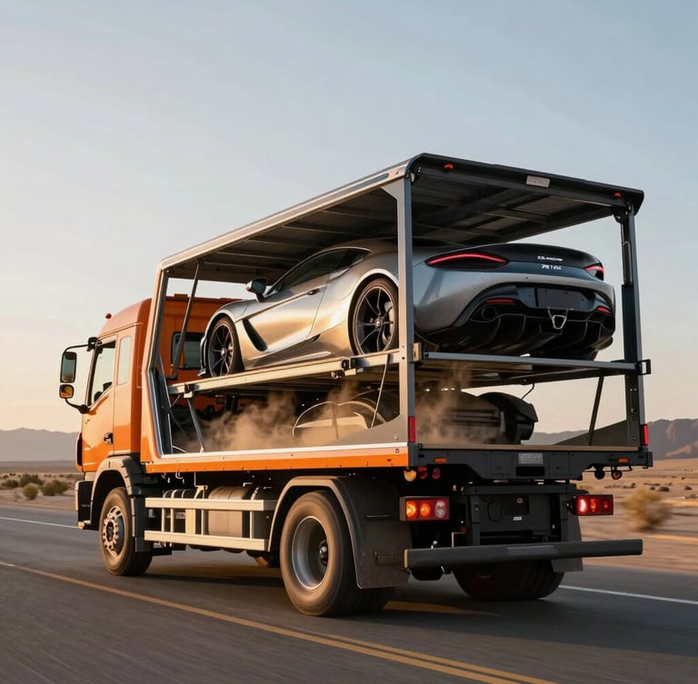 Low-angle heroic shot of a modern enclosed orange and black flatbed transporter truck driving on a desert highway at golden hour, carrying a luxury sports car, dust-free.