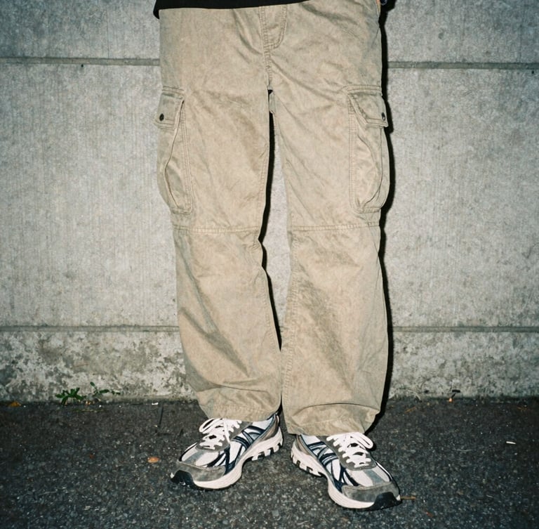 Casual eye-level snapshot of Tokyo street style, a person wearing oversized cargo pants and vintage sneakers, natural flash-lit lighting on a concrete background, 35mm film grain.