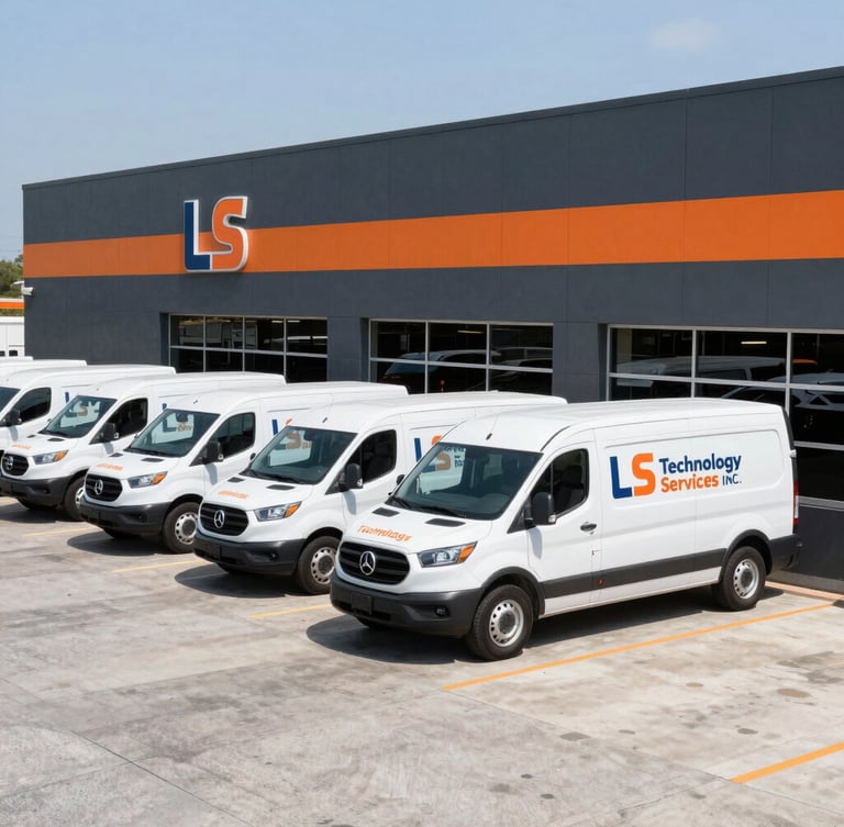 Wide shot of L S Technology Services Inc. branded fleet vehicles parked at the Roswell headquarters, bright daylight, high-contrast slate and orange tones.