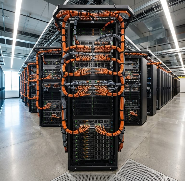Wide panoramic shot of a clean, organized server rack in a modern data center, high-contrast utility lighting, sharp focus, with some structured cabling visible.