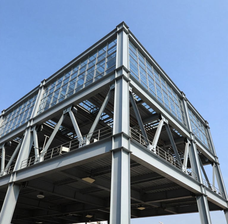 Low-angle architectural photograph of a massive steel structure under a bright blue sky, high-contrast steel beams, industrial precision