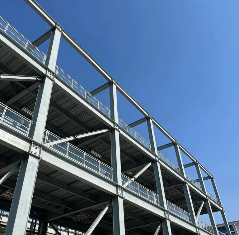Low-angle architectural shot of a massive steel structure against a bright blue sky, sharp industrial lines, high-contrast
