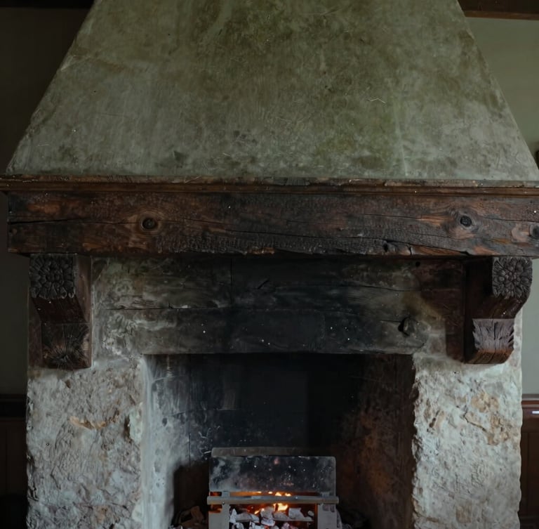 Close-up of original 18th-century dark timber beams and a deep stone hearth with a soft glowing ember, moody editorial photography, 35mm.