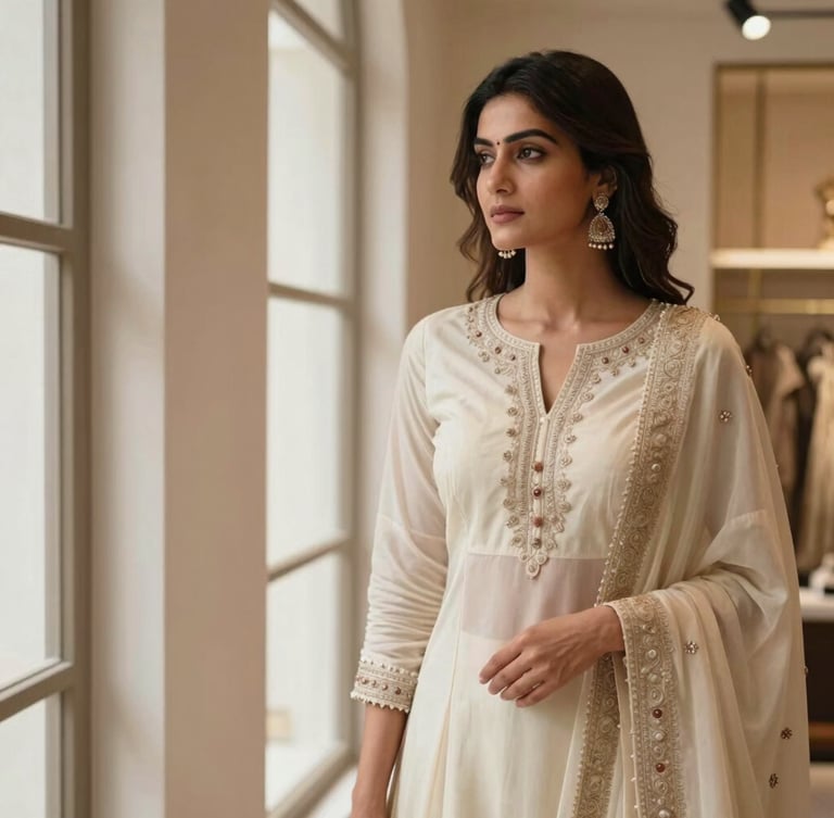 Premium Indian female model in an elegant western wear outfit, posing in a luxurious boutique interior with soft natural window light, shallow depth of field, 35mm. The model is positioned to the right, looking left.