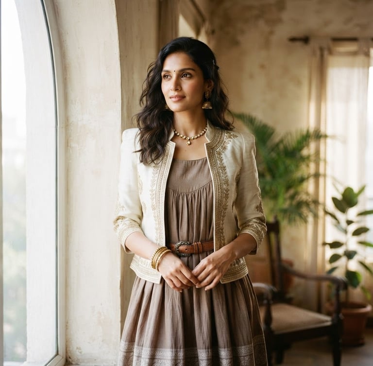 Premium Indian female model wearing an elegant ethnic-western fusion outfit, poised and confident, soft natural window light, muted ivory and mocha tones, shallow depth of field, 35mm