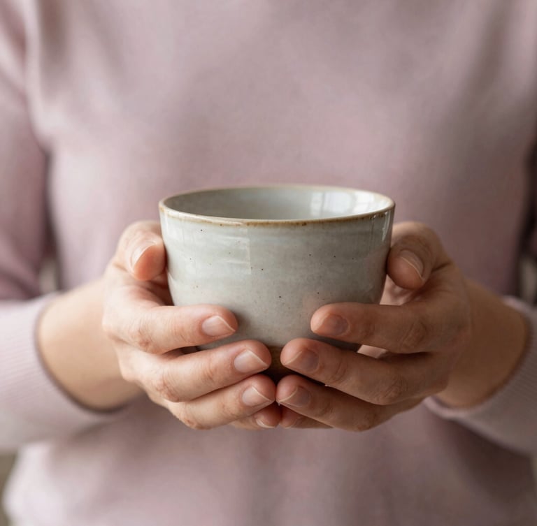 A close-up of gentle hands holding a warm, textured ceramic cup, soft diffused morning light, shallow depth of field, peaceful and elegant.