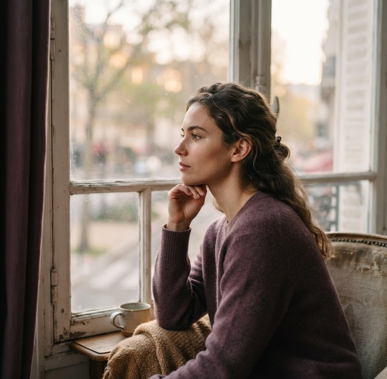 A woman looking thoughtfully out a window, soft diffused morning light, warm sand and muted plum tones, shallow depth of field, negative space.