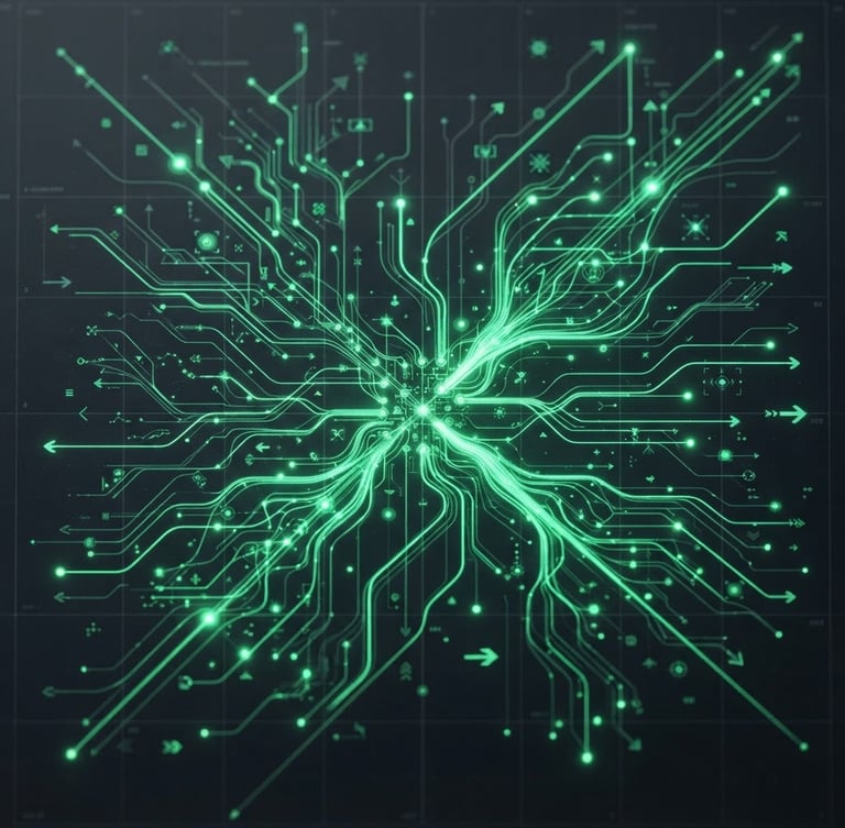 Macro dark-mode UI photography of a technical data flow visualization, glowing electric green lines connecting node points on a deep charcoal grid, crisp studio lighting.