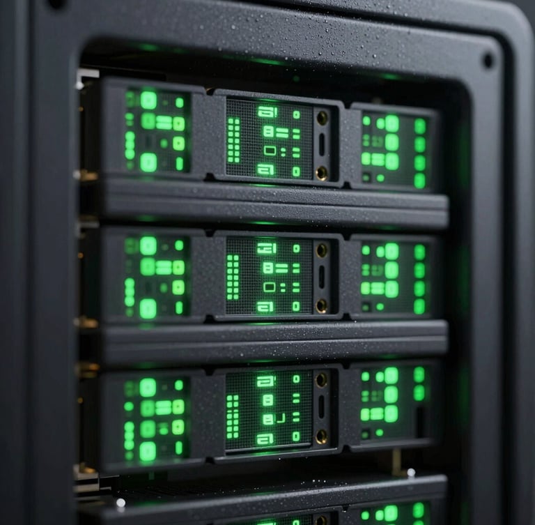 Macro shot of modern server hardware with clean architectural lines, deep gray undertones, precise glowing green data points, dark-mode UI photography style.