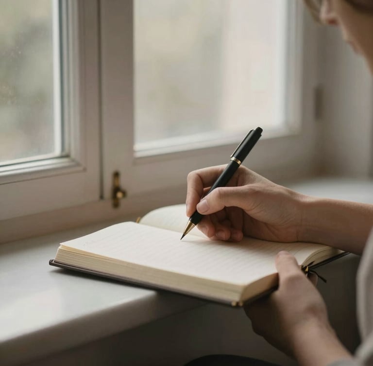 Una persona escribiendo en un diario con luz natural entrando por una ventana, con un enfoque suave en las manos y el diario, transmitiendo intimidad y reflexión.