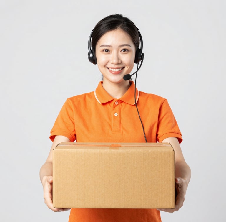 Bright high-key studio shot of a friendly customer service representative holding a shipping box, clean light gray background, vibrant natural colors