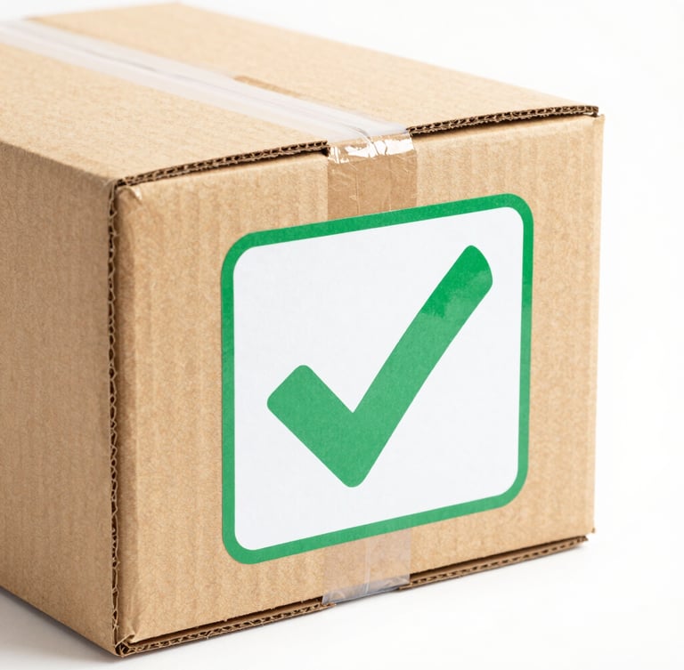 Bright high-key product photography of a cardboard delivery box with a green checkmark label, clean white background, crisp studio lighting, sharp focus, vibrant natural colors