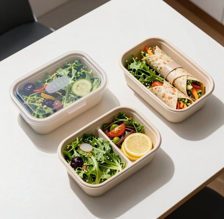 Overhead flat lay of three sleek compostable lunch boxes on a clean white office table, bright natural daylight with crisp shadows, vibrant green salads and colorful wraps visible inside.