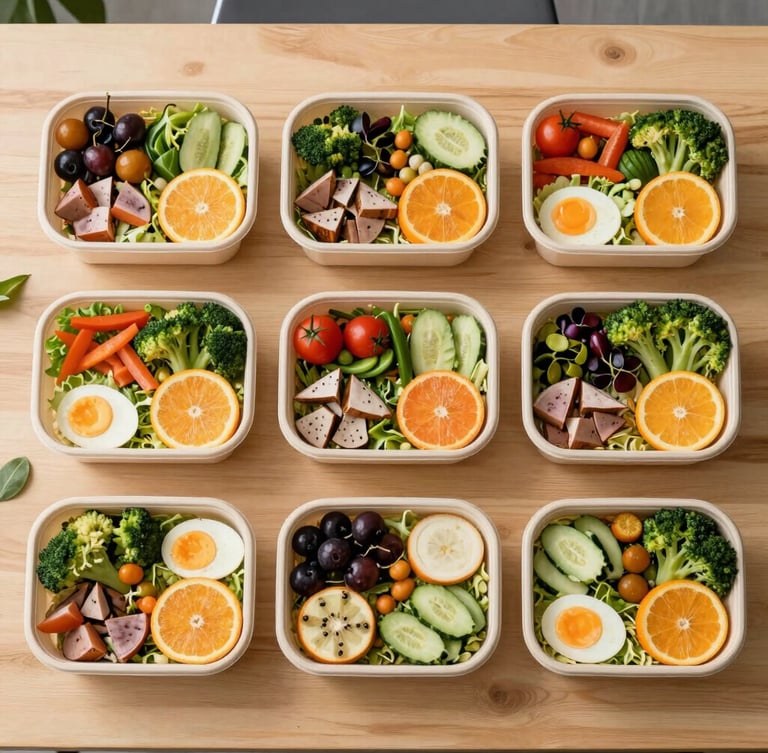 Overhead flat lay of neatly arranged healthy corporate lunch boxes with vibrant salads, fresh ingredients, and clean citrus accents on a light wooden table in a bright office.