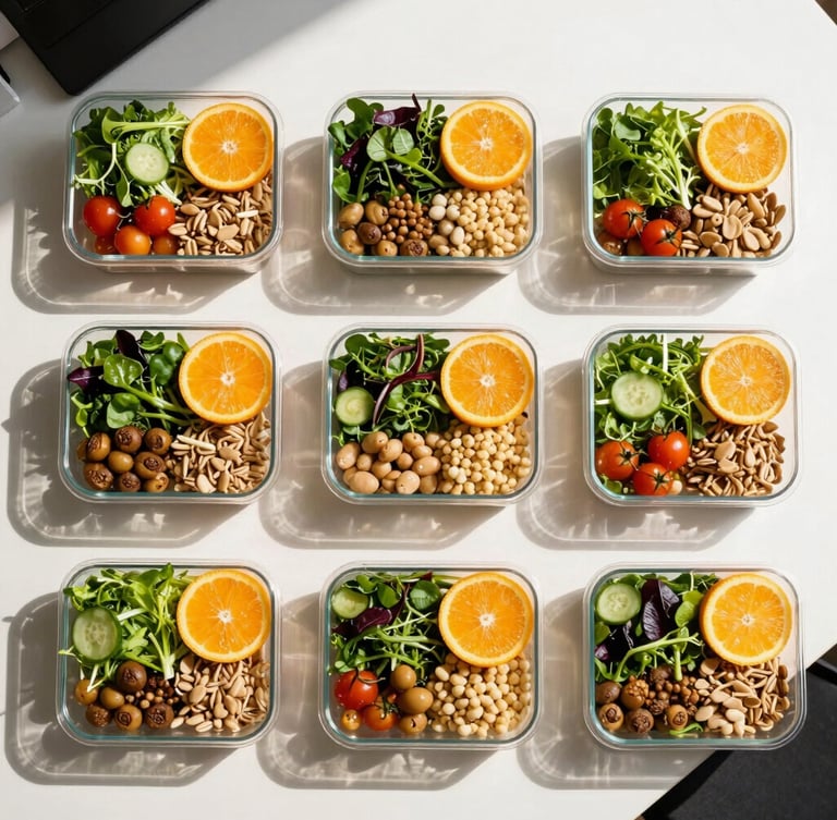 Overhead flat lay of neatly arranged healthy lunch boxes with fresh greens, complex carbs, and vibrant citrus accents on a clean light office table, bright natural daylight, crisp shadows