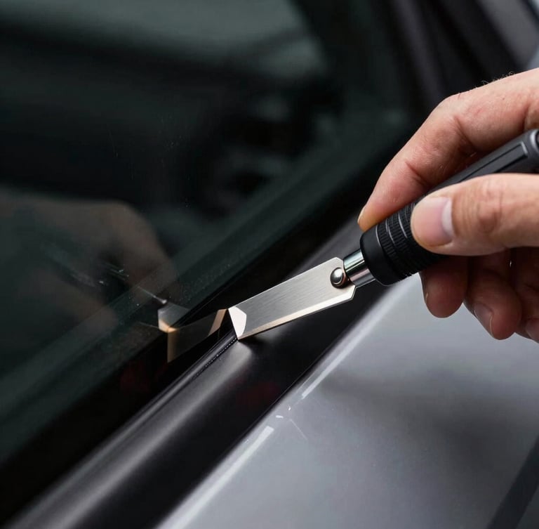 Extreme close-up of a professional applicator's hand using a precision blade to cut a dark window film along the seamless edge of a car window, dramatic studio lighting, high contrast.