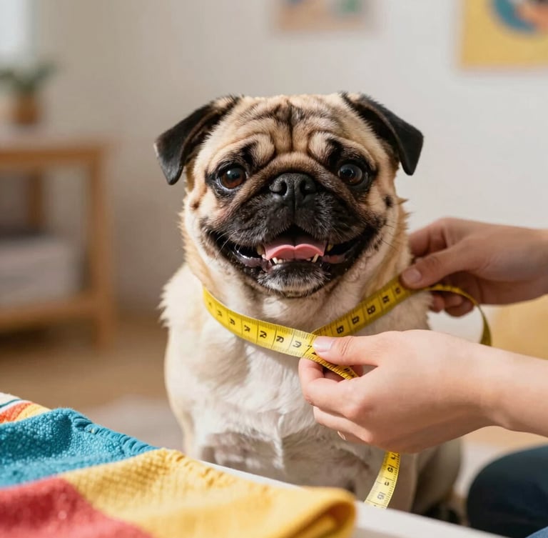 Close up of hands gently measuring a happy pug with a soft yellow tape measure in a sunlit workshop, focus on the colorful fabric nearby, warm tones, 35mm