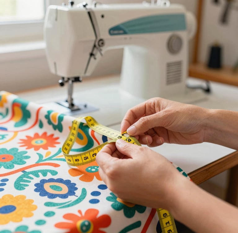 Close-up of hands carefully measuring a colorful patterned fabric with a soft yellow tape measure in a bright, sun-drenched workshop in Celaya, sewing machine visible in soft background focus