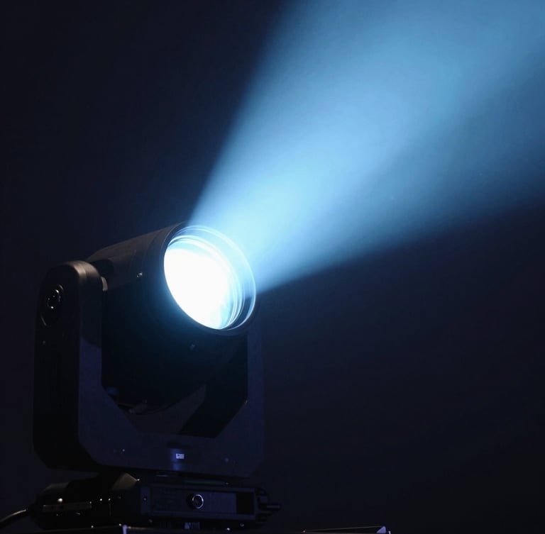 Dramatic close-up of a professional moving head stage light fixture, sharp volumetric light beam in light blue cutting through dark haze, technical details visible, 35mm lens