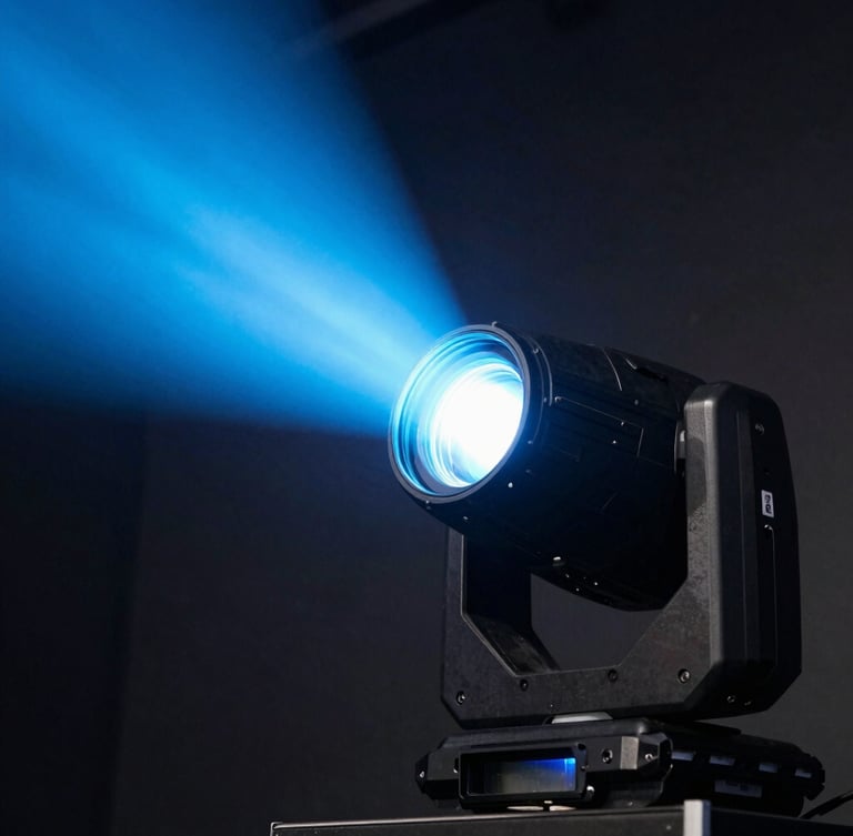 Close-up of a professional moving head stage light fixture, sharp focus on the lens and rugged black metal casing, dramatic light blue volumetric beam cutting through dark haze, 35mm lens