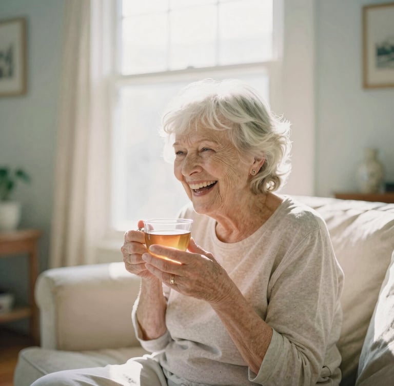 A bright sunlit Cedar Rapids living room, soft morning window light, a senior woman laughing while holding a warm cup of tea, pastel tones, 35mm film style
