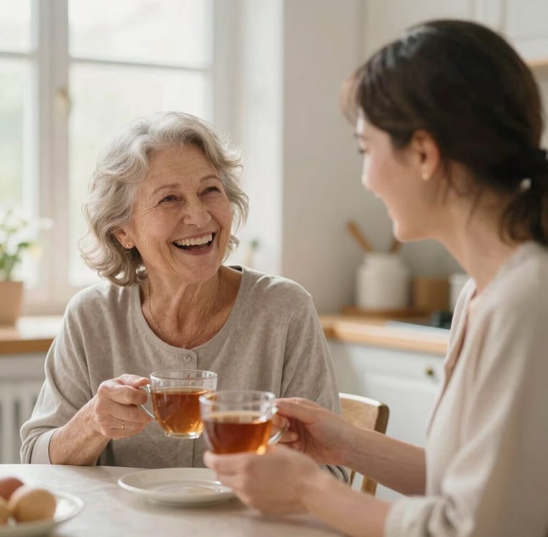 A warm caregiver and a senior woman laughing together over tea in a bright kitchen, soft morning window light, shallow depth of field.