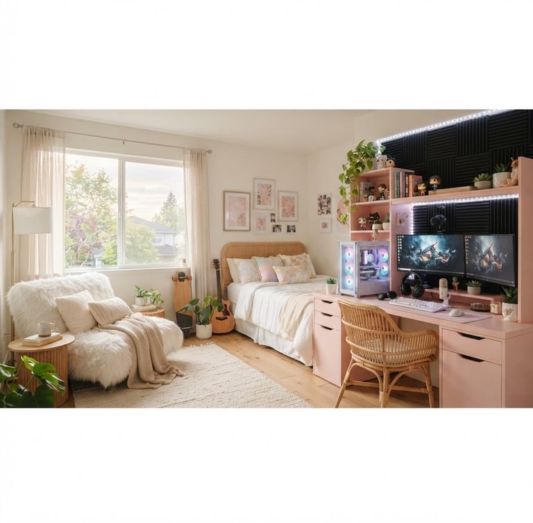 Wide panoramic view of a modern teen bedroom, pastel wood desk with a gaming setup on the right, bathed in soft morning window light, a faux-fur lounger nearby, clean off-white walls.