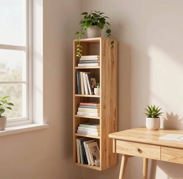Portrait shot of a teen's bedroom corner, showcasing a narrow floating book rack filled with books and plants, next to a pastel wood desk. Soft, diffused morning light illuminates the scene, creating a warm and inviting atmosphere.