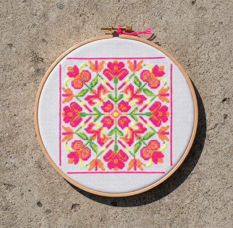 Overhead flat lay of a modern cross-stitch piece with neon pink thread framed in a simple wooden hoop on a raw concrete surface, sharp daylight shadows
