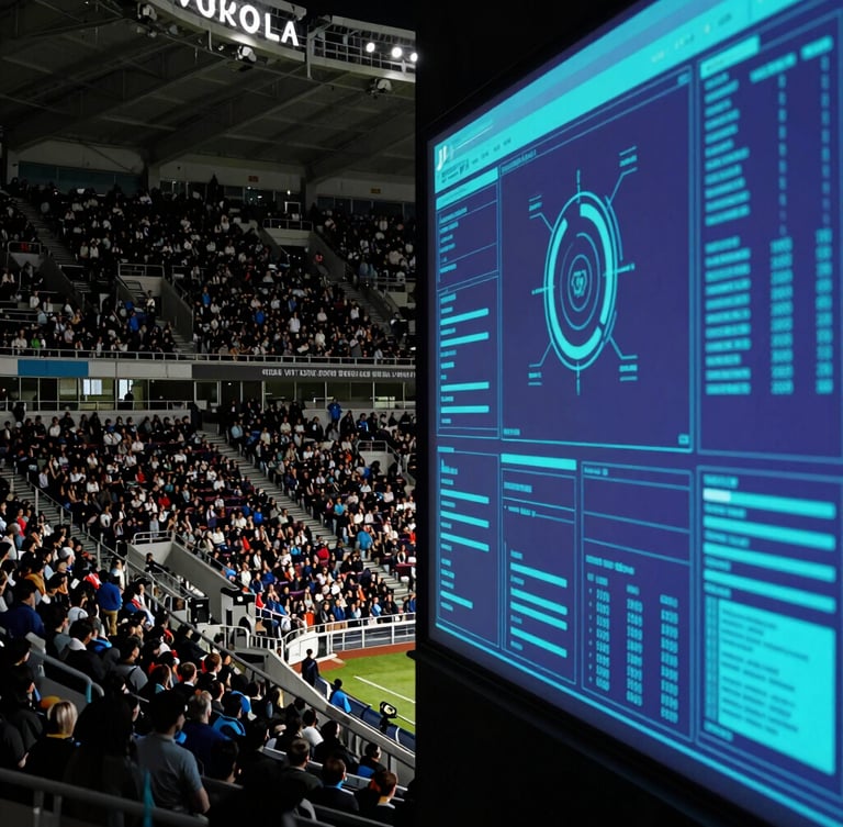 A split-screen composition showing a dark crowded stadium on the left and a clean glowing turquoise and violet data visualization interface on the right, high contrast, technical feel