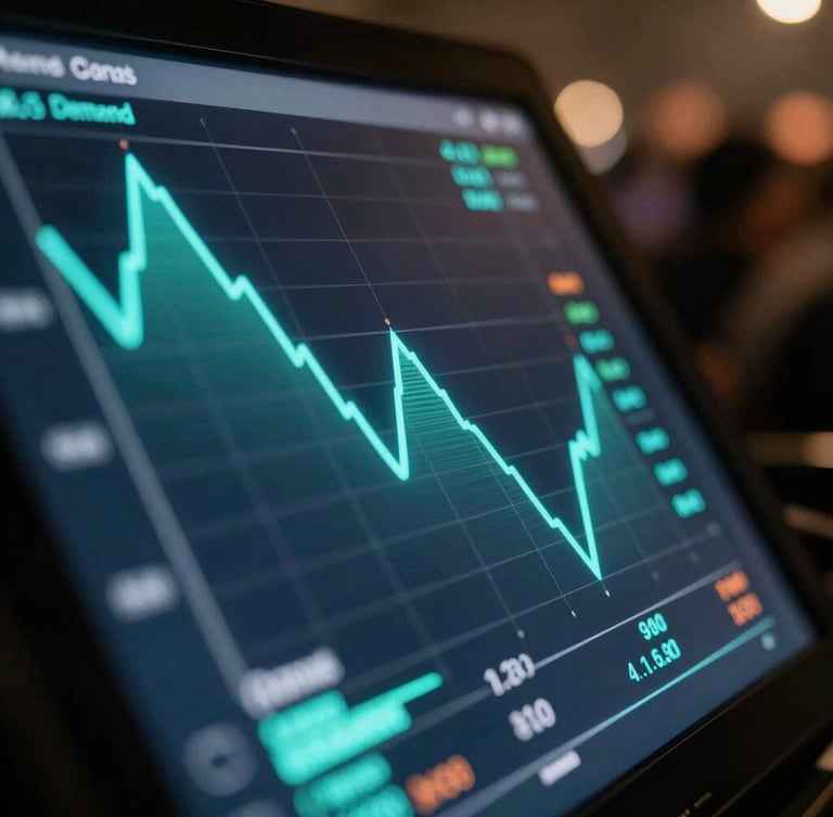 Extreme close-up of a glowing digital interface showing real-time audience demand graphs, sharp turquoise lines on dark screen, blurred concert crowd in background.