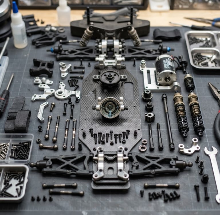 Crisp macro product photography of a disassembled RC chassis on a dark grey cutting mat, bright overhead workshop lighting, 50mm lens
