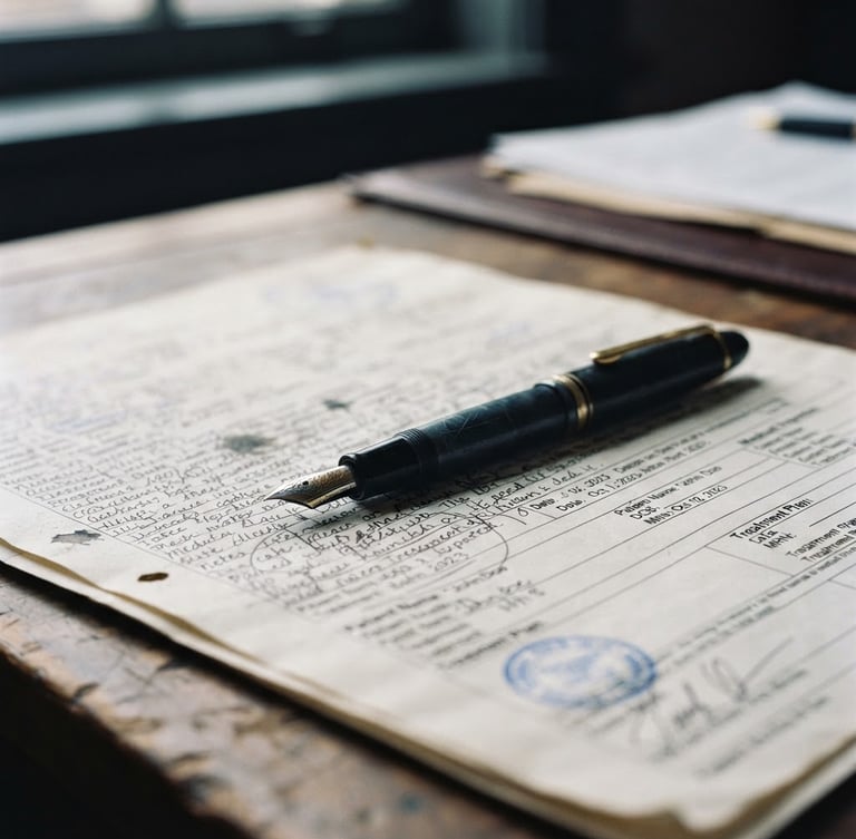 Sober editorial photography, soft window light, close-up of a fountain pen resting on a detailed medical report, deep navy and slate tones, shallow depth of field, 35mm
