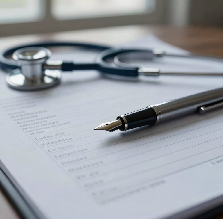 Macro detail of medical documents, a fountain pen resting on a signed report, stethoscope in the background, soft window light, sober tones, 35mm