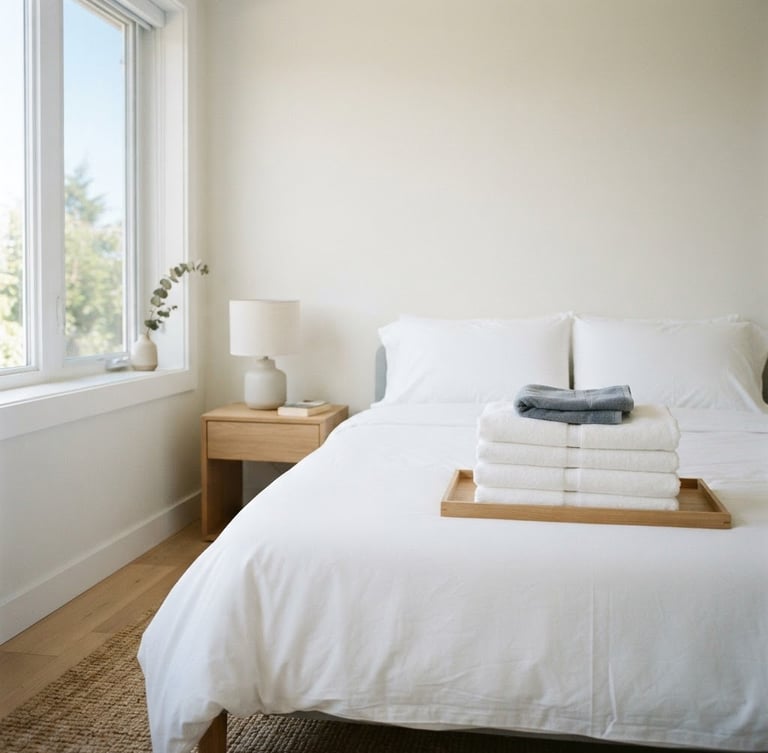 Meticulously arranged bed with crisp white linens, perfectly folded towels on top, bright airy daylight streaming through a window, clean minimalist aesthetic, 35mm