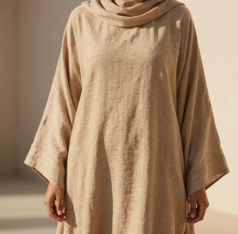 A warm editorial portrait of a woman in a flowing sand-colored linen abaya, standing in soft natural afternoon sunlight, shallow depth of field, 35mm.