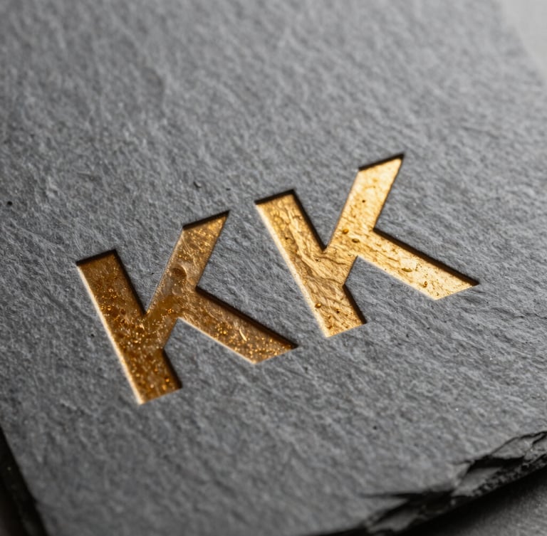 Macro crop of textured slate gray paper with embossed metallic amber typography, sharp directional studio lighting.