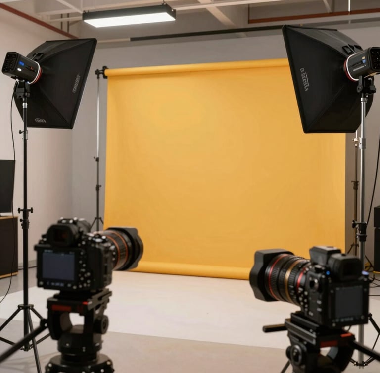 Wide structured studio environment showing active camera rigs and professional lighting setups focusing on a vibrant amber brand mockup.