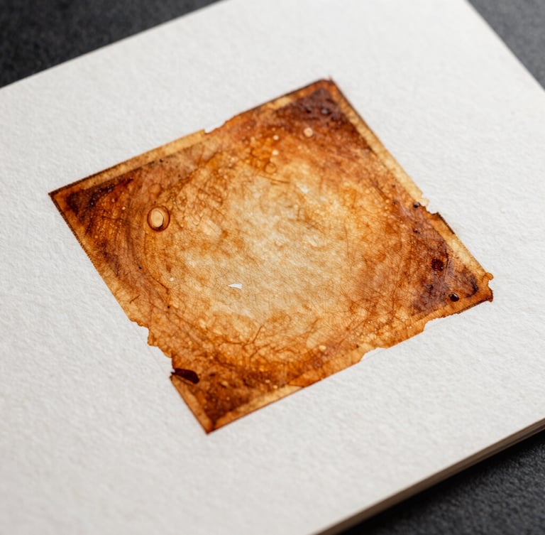 Tight macro crop of physical print proofs with vibrant amber ink on textured heavy paper stock, sharp directional studio lighting with deep shadows.