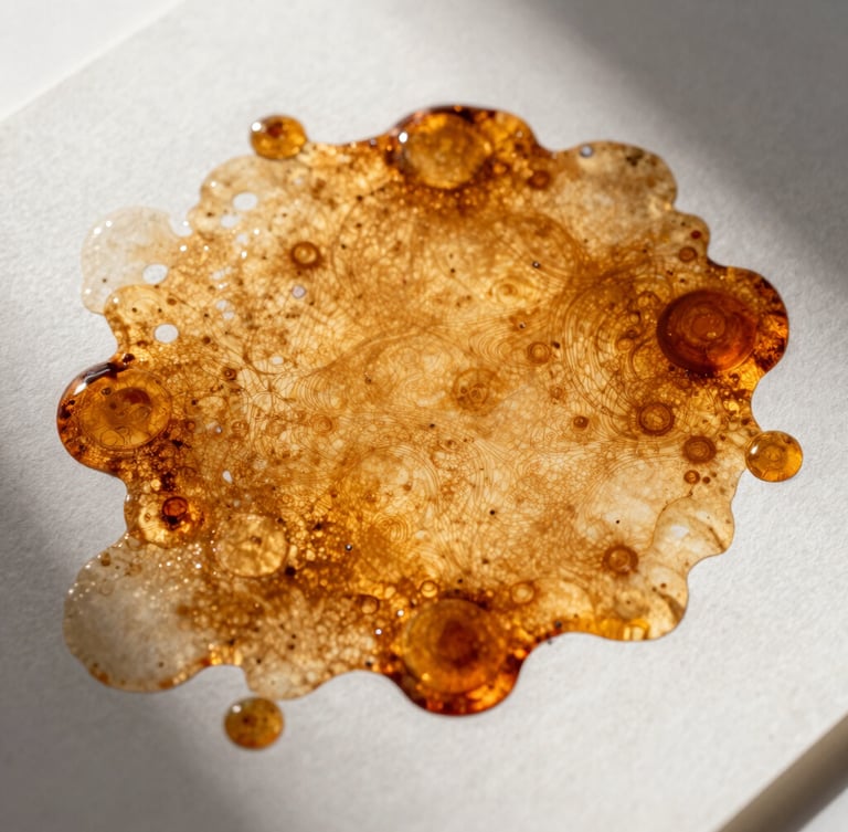 Macro crop of vibrant amber ink spreading across a textured heavy cardstock print proof, sharp directional studio lighting, deep shadows, high contrast.