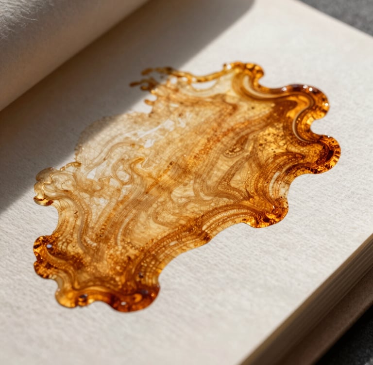 Tight macro crop of vibrant amber ink spreading across a thick, textured cotton paper print proof, sharp directional studio lighting, high contrast, deep shadows