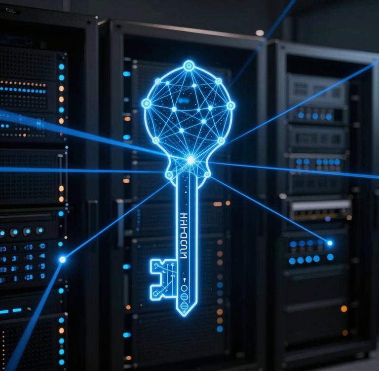 Abstract cryptographic key visualization with glowing blue laser lines and geometric security nodes, low-key dark room server glow, 16:9 cinematic framing