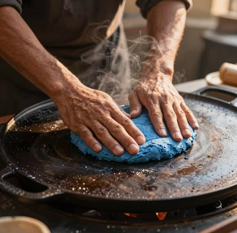 Low-angle portrait of hands gently pressing blue masa on a dark cast-iron comal, warm golden hour light catching the steam, minimalist composition.