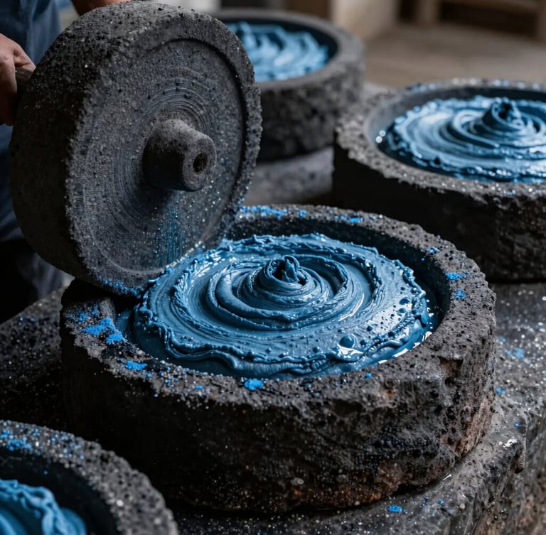 Close-up of volcanic stone wheels grinding wet corn into soft blue masa, moody single-source side lighting, rustic textures.