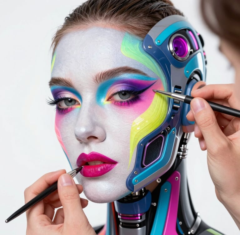 Vibrant close-up of a dramatic sci-fi prosthetic makeup application, neon lighting, highly detailed textures, high-key studio light, professional makeup artist at work