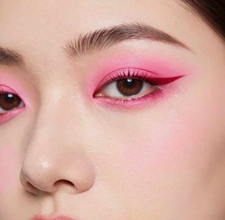 Vibrant editorial close-up of a model with bold graphic cherry-red eyeliner and bubblegum pink eyeshadow, bright high-key studio lighting, saturated retro tones, sharp macro lens