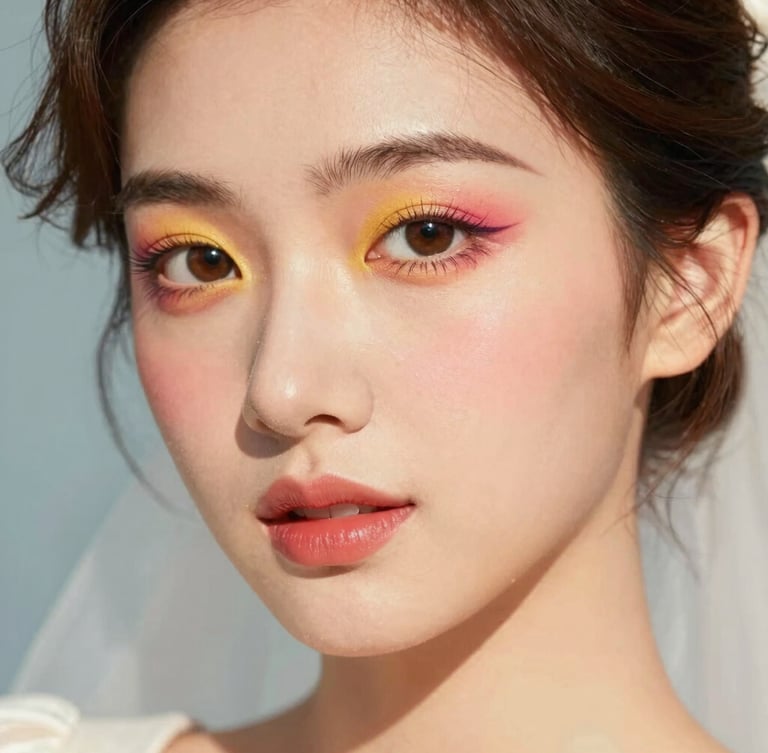 A sun-drenched close-up of a bride with vibrant, high-contrast makeup, direct warm sunlight highlighting flawless skin texture, retro-pop editorial framing.