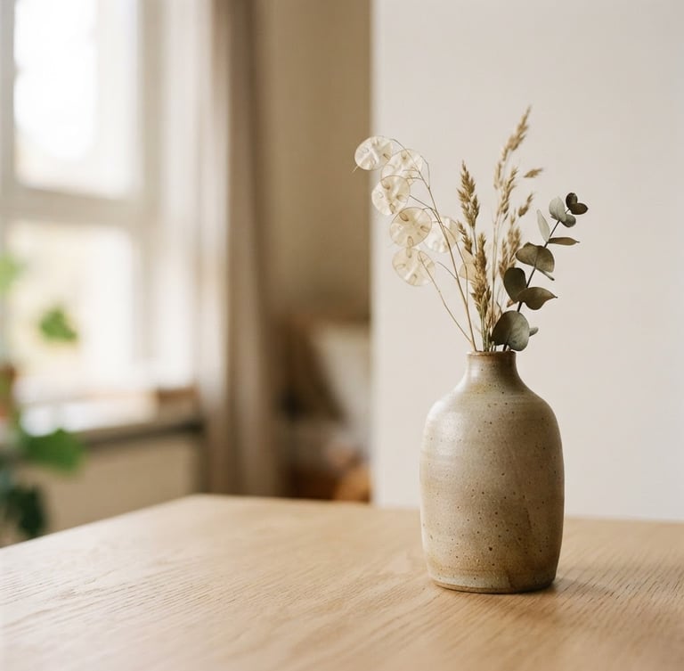 Close-up of a minimalist ceramic vase on a light wood table, soft natural window light, muted earth tones, minimal composition, shallow depth of field, 35mm, warm editorial photography, right third of the frame.