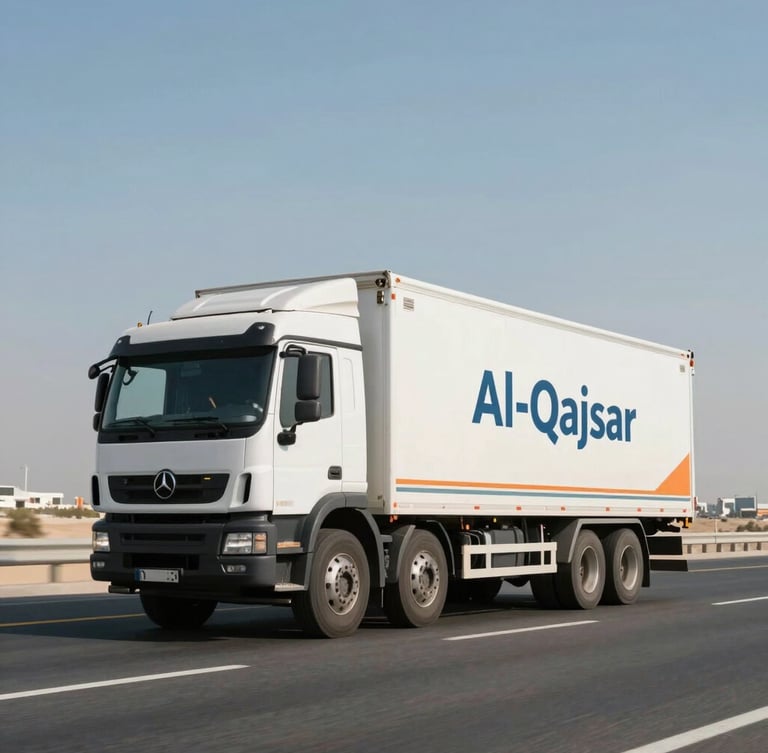 An Al-Qaysar moving truck with clean branding driving down an expansive Abu Dhabi highway during bright daylight, low horizon, cinematic framing.