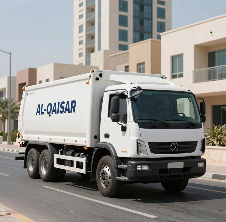 A clean, heavy-duty Al-Qaysar transport truck parked on a wide Abu Dhabi residential street during bright daylight, pristine white and navy branding visible, modern architecture in background.